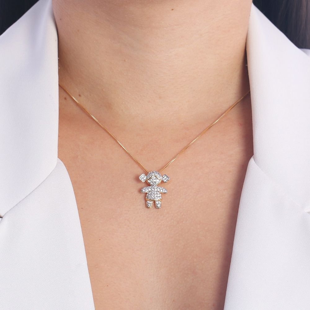 Clti-1584-Fo C/Ródio (45cm+5cm) Colar Com Menina Cravejada Cristal