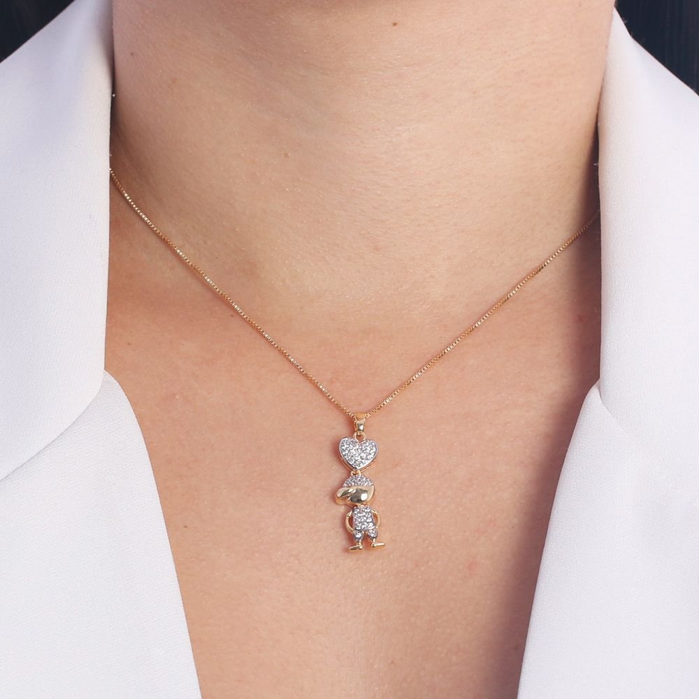 Clti-1587-Fo C/Ródio (45cm+5cm) Colar Com Menino E Coração Cravejado Cristal