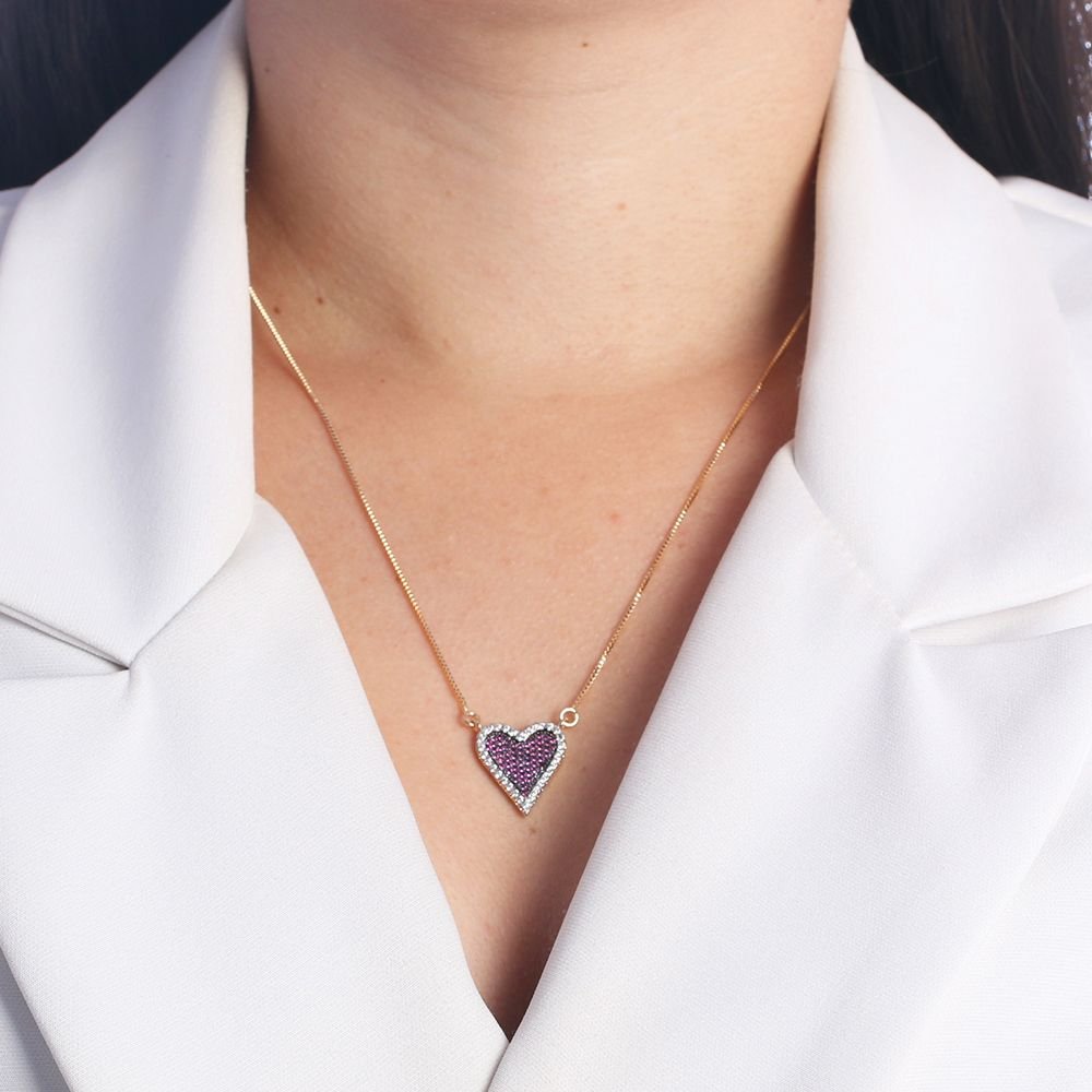 Clti-1590-Fo C/Ródio (21x21cm) Colar De Coração Cravejado Fúcsia