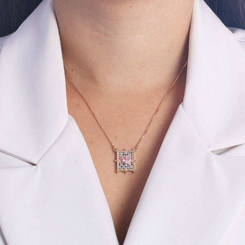 Clti-1605-Fo (21x21cm+5cm) Colar De Coração Rosa E Cravejado Colorido