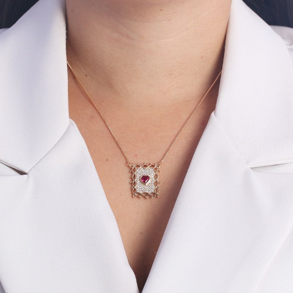 Clti-1606-Fo (21x21cm+5cm) Colar De Coração Fúcsia E Cravejado Cristal