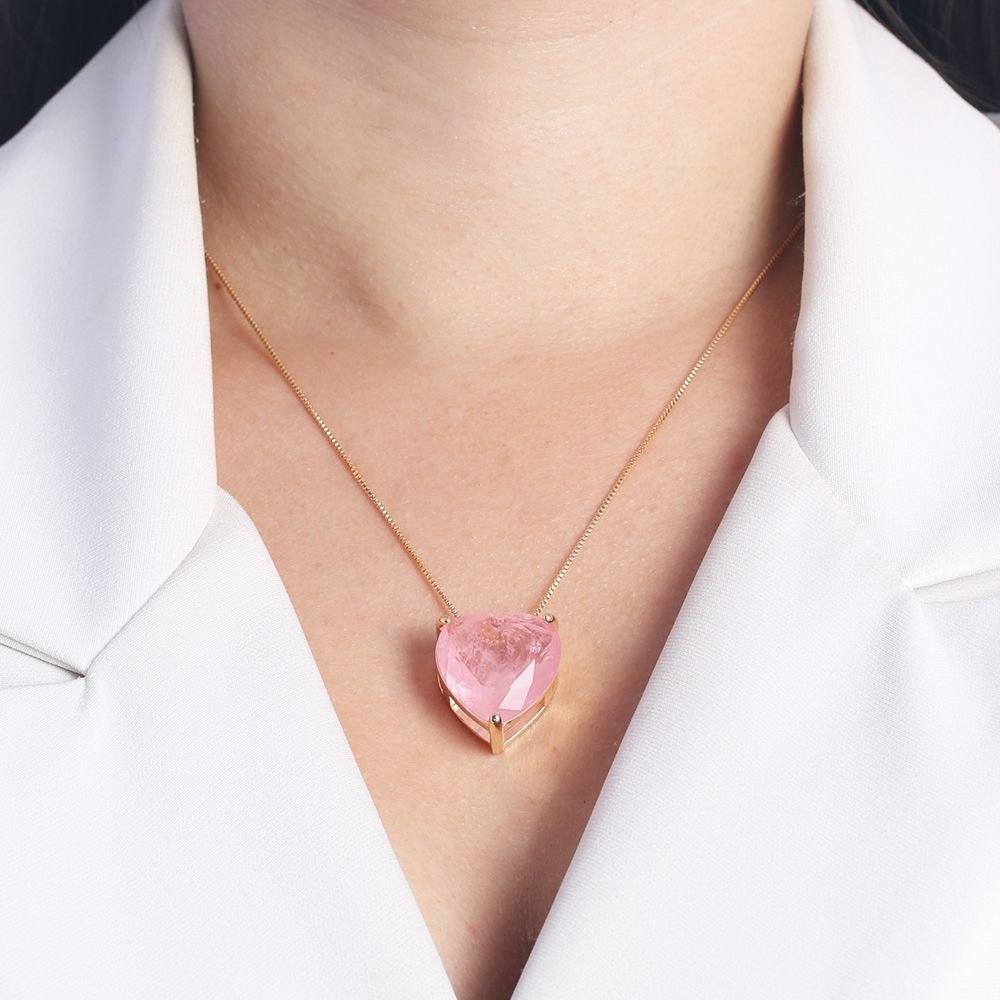 Clti-1610-Fo (50cm+5cm) Colar De Coração Com Pedra Rosa Claro Fusion