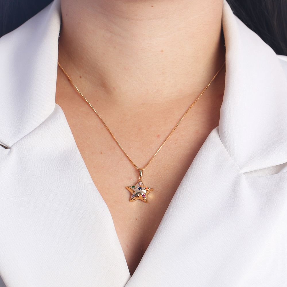 Clti-1619-Fo (45cm+5cm) Colar De Estrela Cravejada Colorida