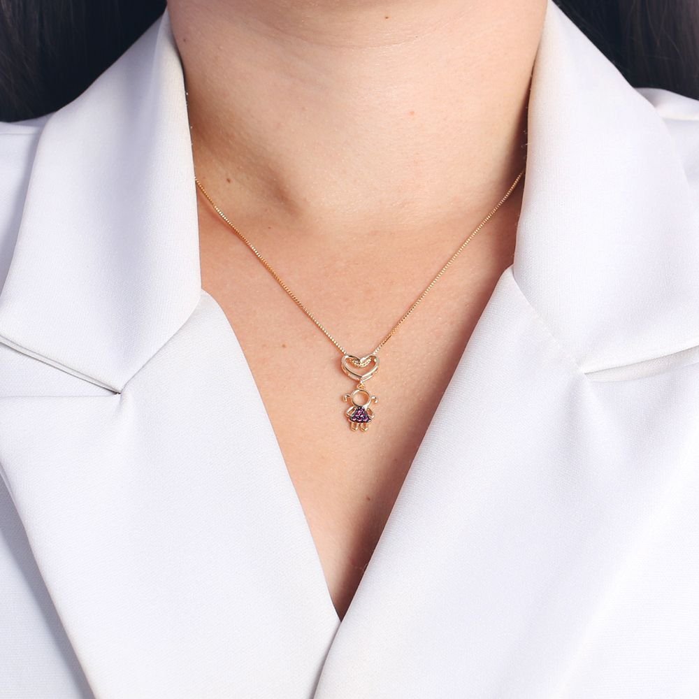 Clti-1624-Fo C/Ródio (45cm+5cm) Colar De Coração E Menina Cravejada Fúcsia