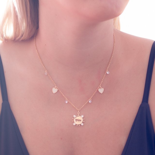 Clti-1642-Do Colar Com Pingente Cravejado Escrito Vida, Pingente De Corações E Ziecônias