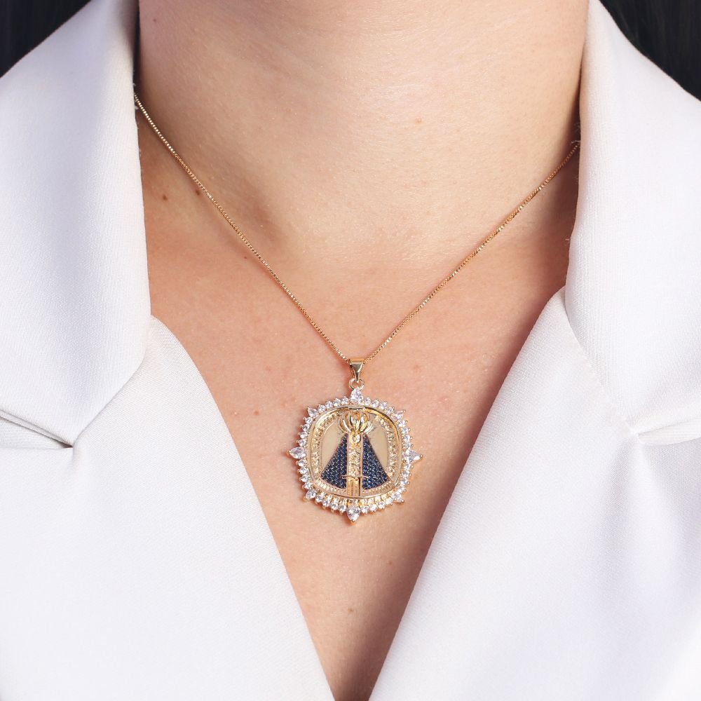 Clti-1671-Fo C/Ródio (45cm+5cm) Colar De Nossa Sra. Aparecida Cravejada Cristal E Azul