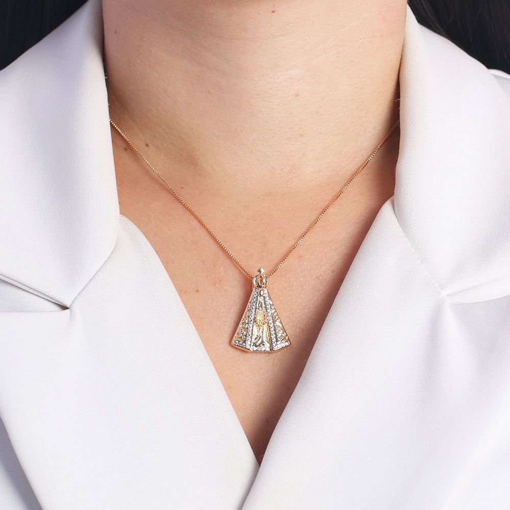 Clti-1675-Fo C/Ródio (45cm+5cm) Colar De Nossa Sra. Aparecida Cravejado Cristal