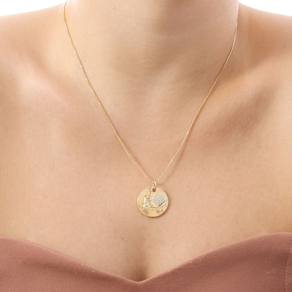 Clti-1687-Fo Colar Fé Com Coração Cravejado De Zircônias (45cm+5cm).