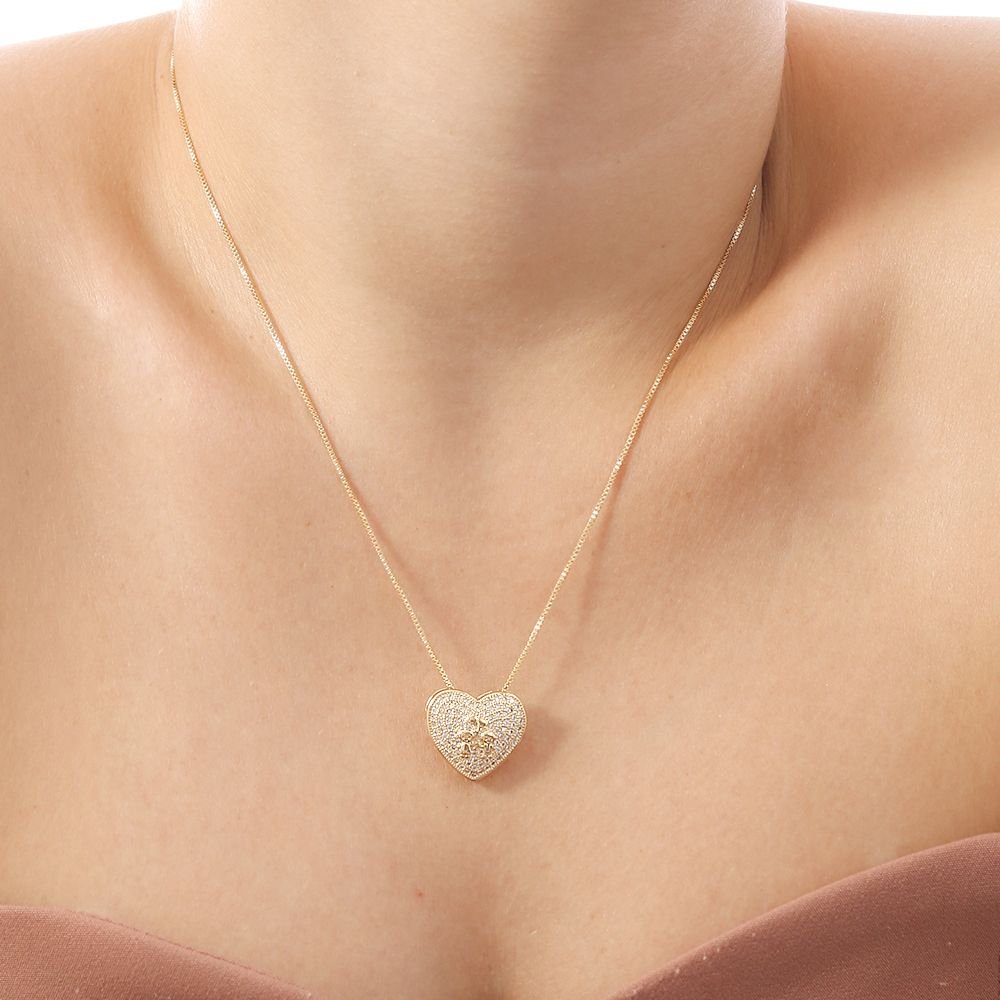 Clti-1691-Fo Colar Coração Cravejado Menino E Menina (45cm+5cm).