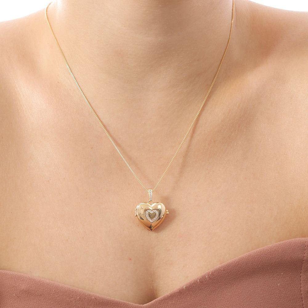 Clti-1699-Fo Colar Relicário Coração Cravejado De Zircônias (45cm+5cm).