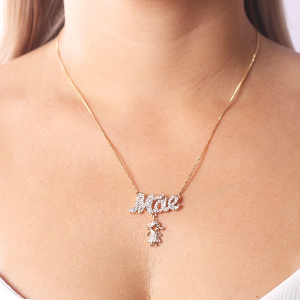 Clti-1704-Fo (21x21cm+5cm) Colar Escrito Mãe Com Menina Cravejados De Zircônias