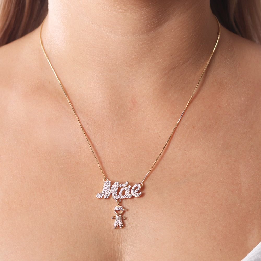 Clti-1705-Fo (21x21cm+5cm) Colar Escrito Mãe Com Menino Cravejados De Zircônias