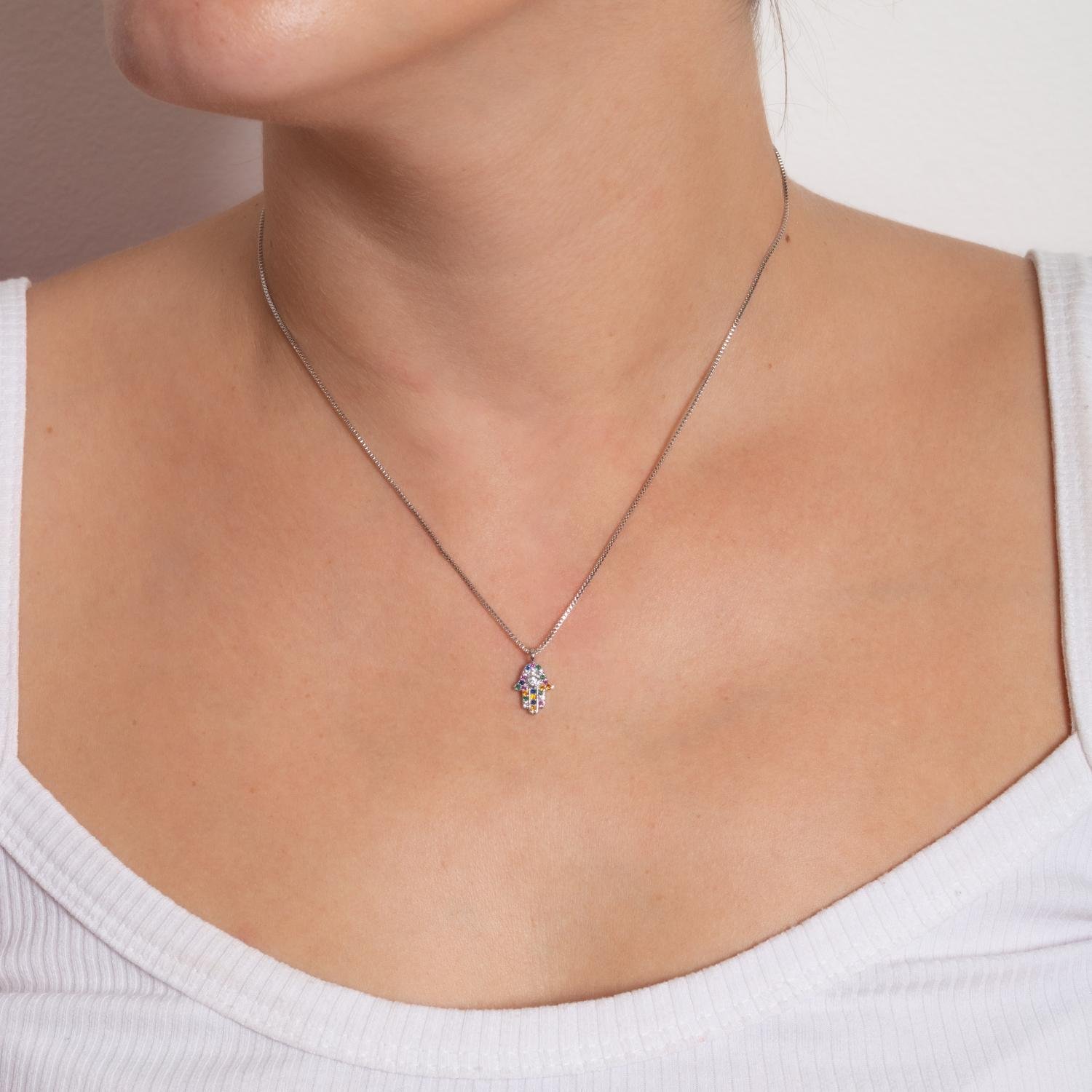 Clti-1723-Rd Colar Mão De Fátima Cravejado Colorido (40cm+5cm).