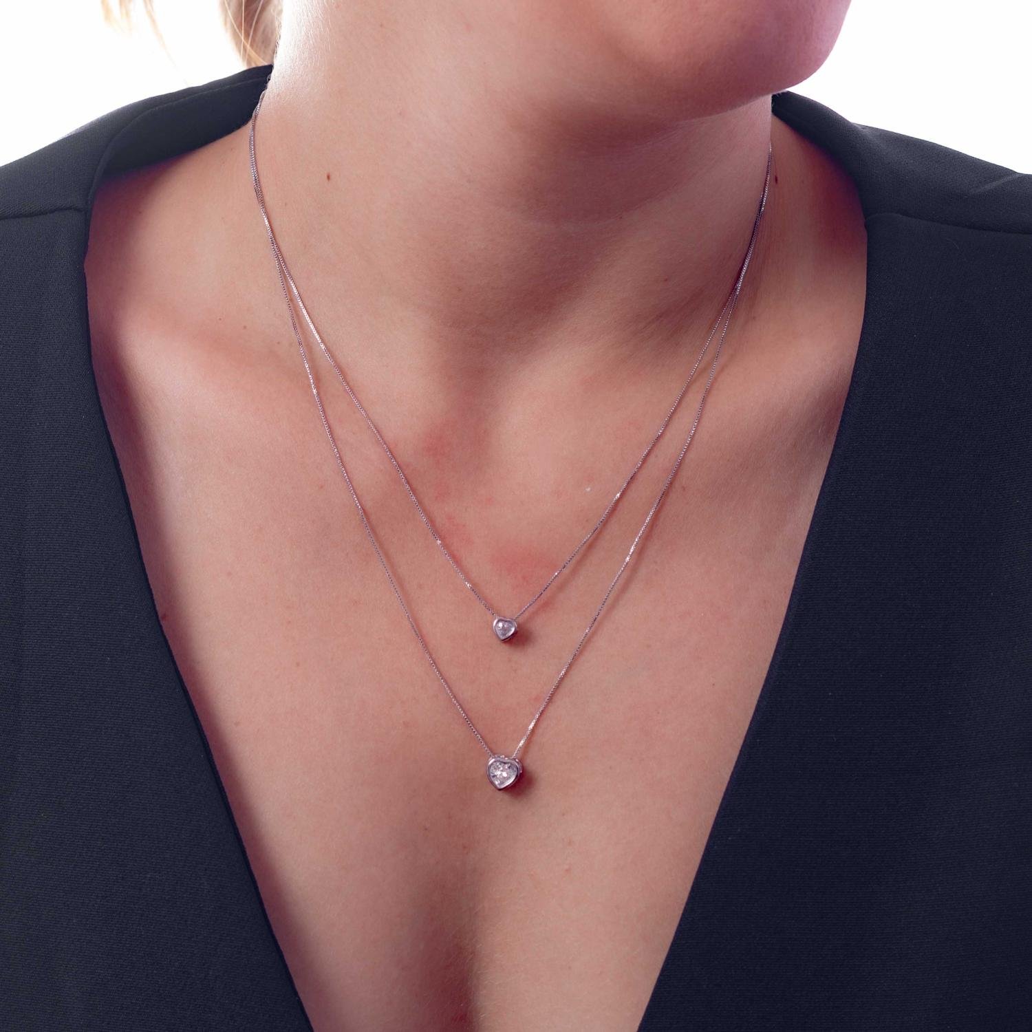 Clti-1730-Rd Colar Duplo De Coração Cravejado De Zircônia Cristal - Ródio Branco (38x44cm).