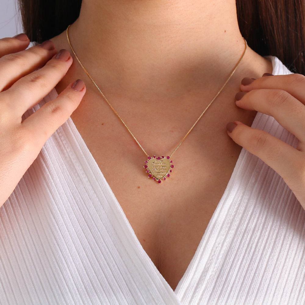Clti-1742-Fo (45cm+5cm) Colar De Coração Com Escritos Cravejado De Zircônias Fúcsia