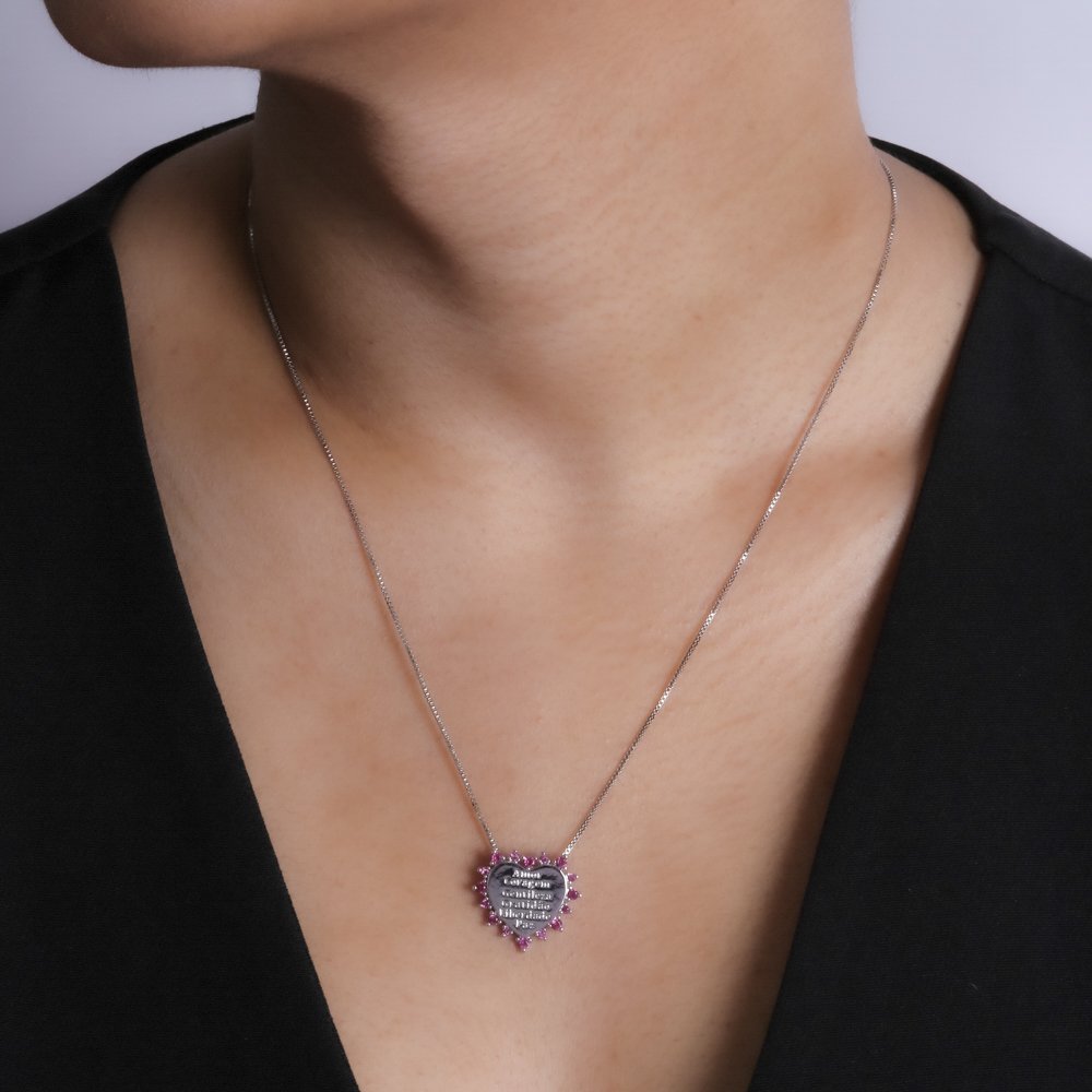 Clti-1742-Rd Colar De Coração Escrita Cravejado Fucsia - Ródio Branco (45cm+5cm).