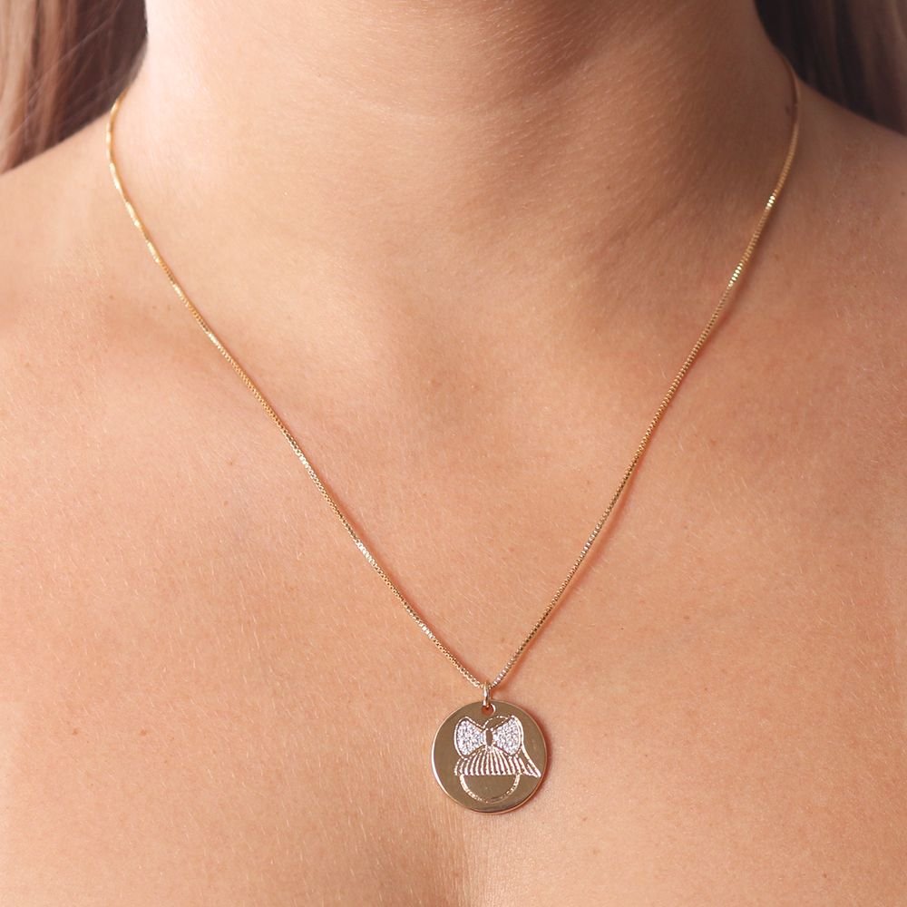 Clti-1780-Fo (45cm+5cm) Colar De Medalha Com Menina E Laço Cravejado De Zircônias