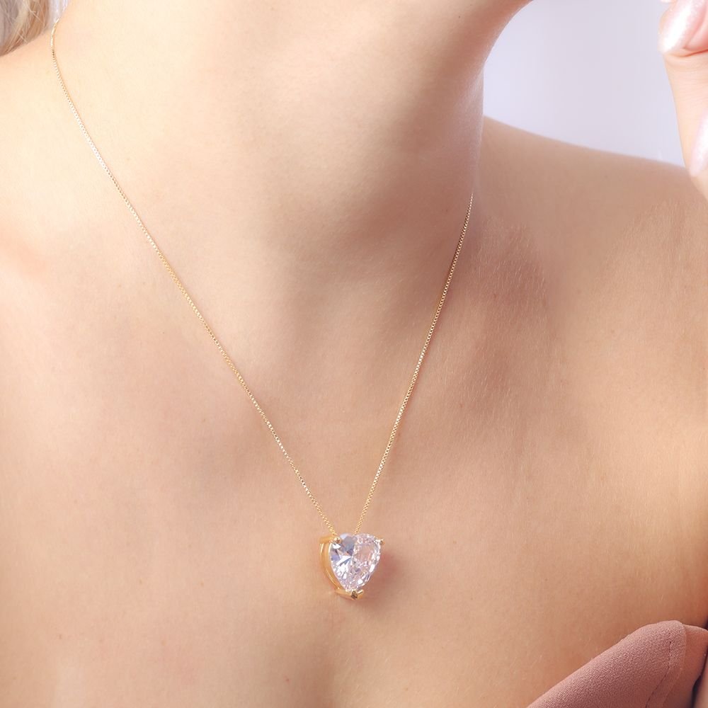 Clti-1796-Fo (45cm+5cm) Colar De Coração Pedra Cristal.