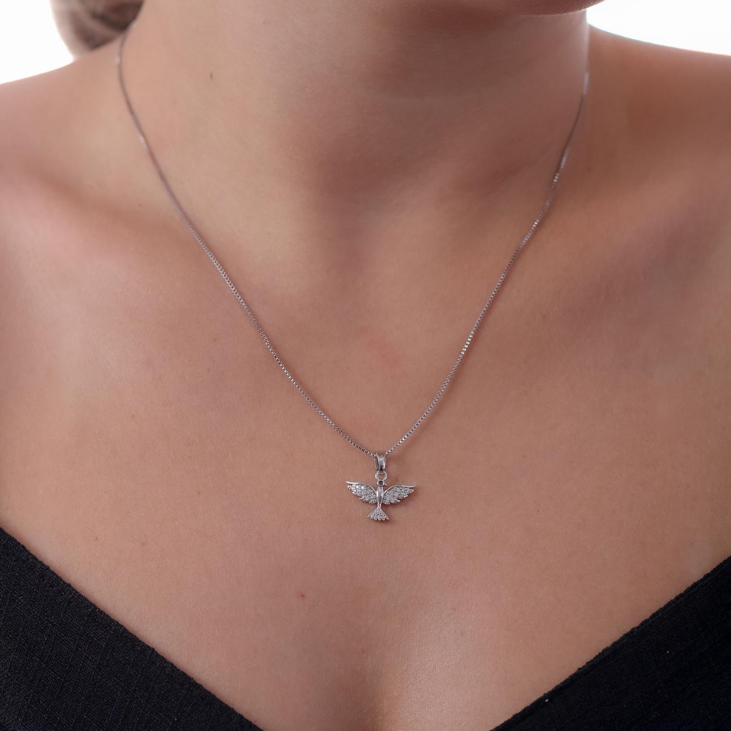 Clti-1809-Rd Colar Religioso De Espírito Santo Cravejado De Zircônias Cristal - Ródio Branco (45cm+5cm).