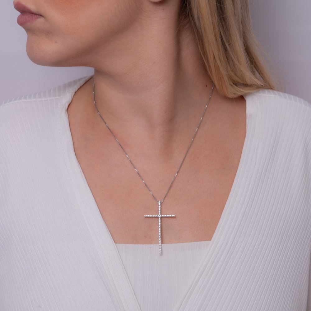 Clti-1814-Rd Colar De Cruz Cravejado Cristal - Ródio Branco (45cm+5cm).