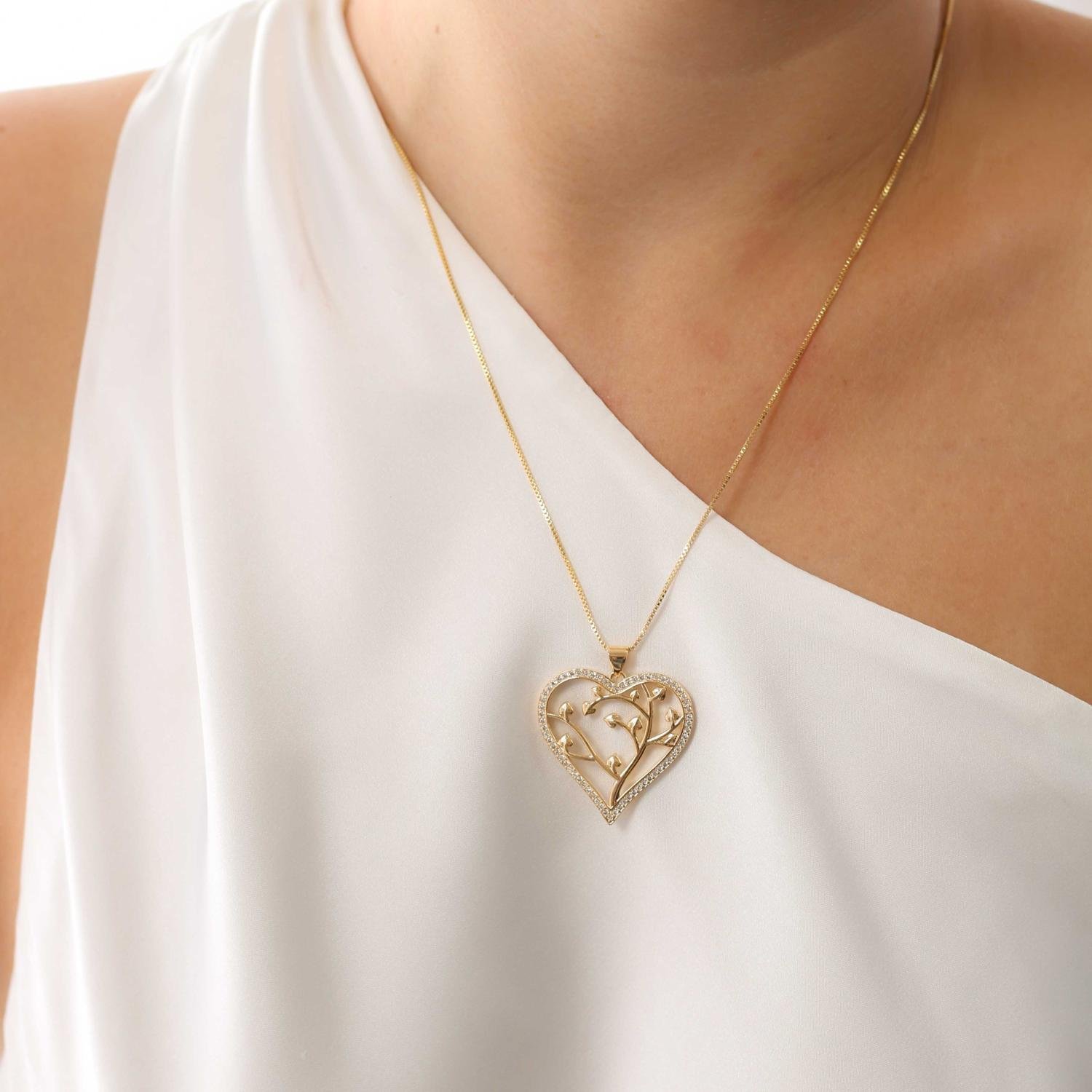 Clti-1846-Fo Colar Coração De Árvore Da Vida Cravejado (50cm+5cm).