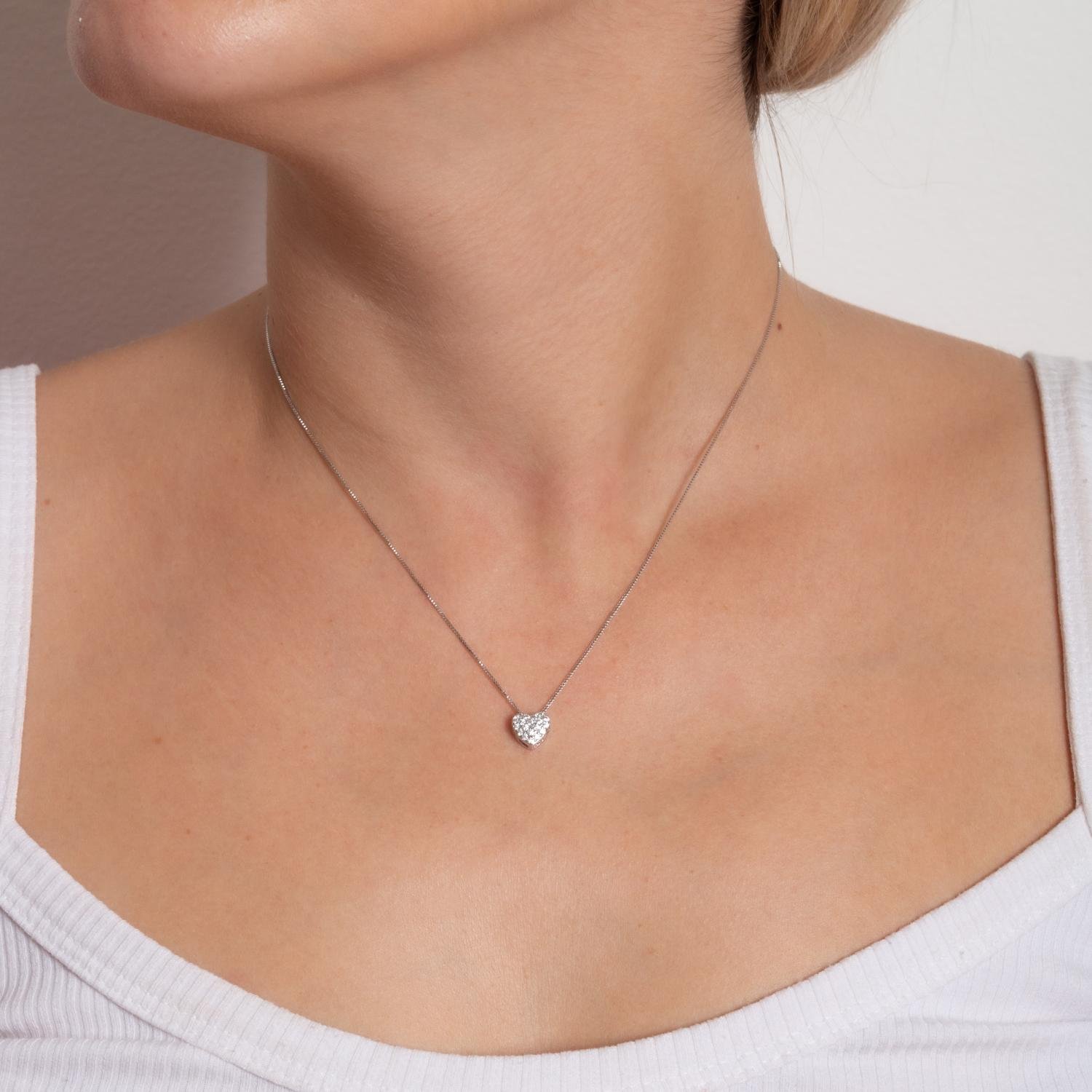 Clti-1856-Rd Colar Coração Cravejado De Zircônias Cristais - Ródio Branco (40cm+5cm).