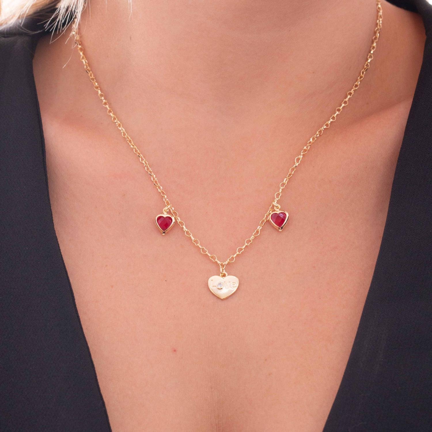 Clti-1887-Fo Colar Com Corações Cravejado De Zircõnias Vermelho (40cm+10cm).