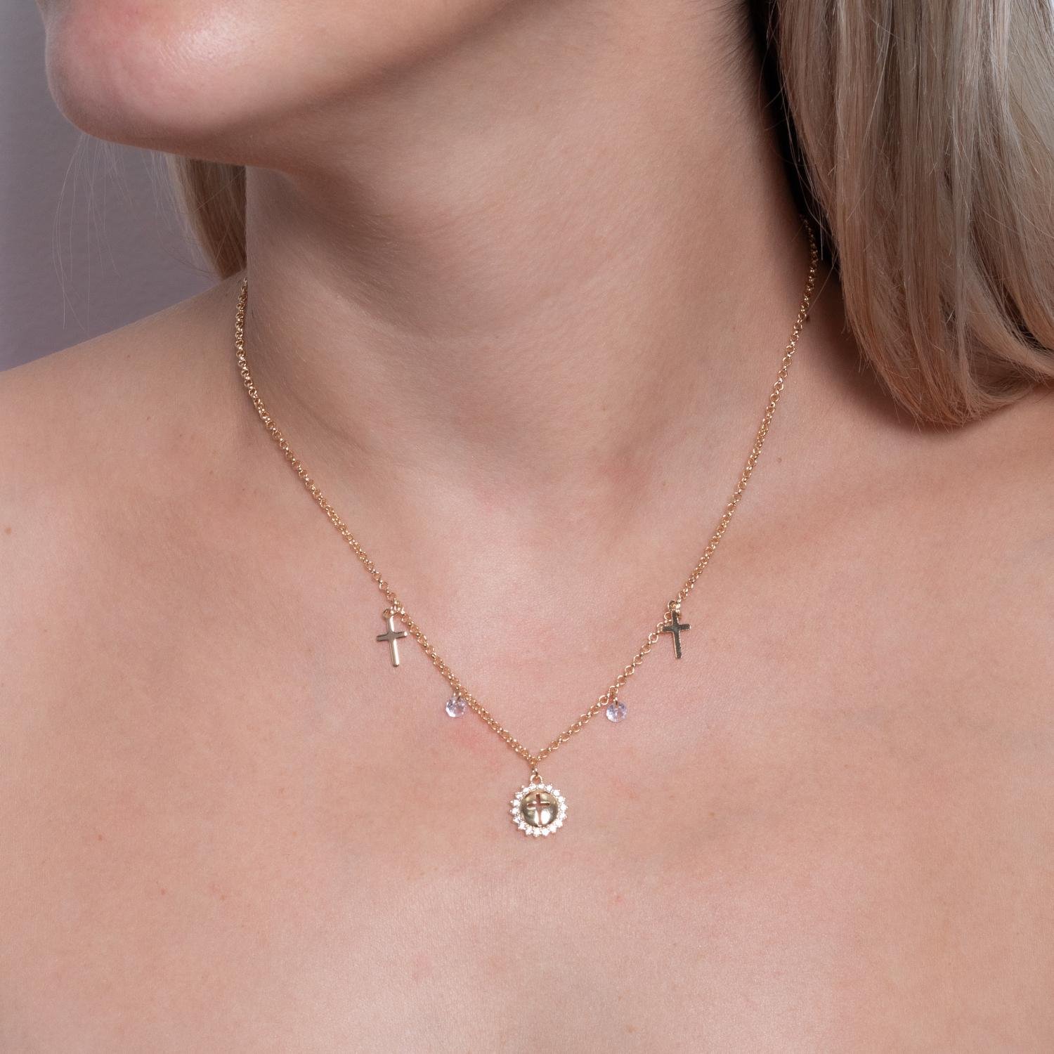 Clti-1950-Fo Colar Com Pingentes De Cruz, Zircônias Cristais E Medalha Cravejada Com Cruz (40cm+5cm).