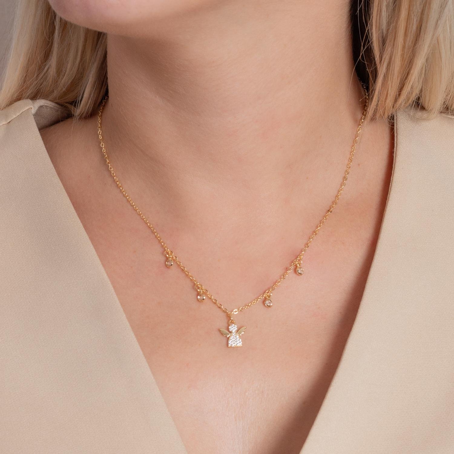 Clti-1952-Fo Colar Com Pingentes De Anjo Cravejado E Zircônias Cristais (40cm+5cm).