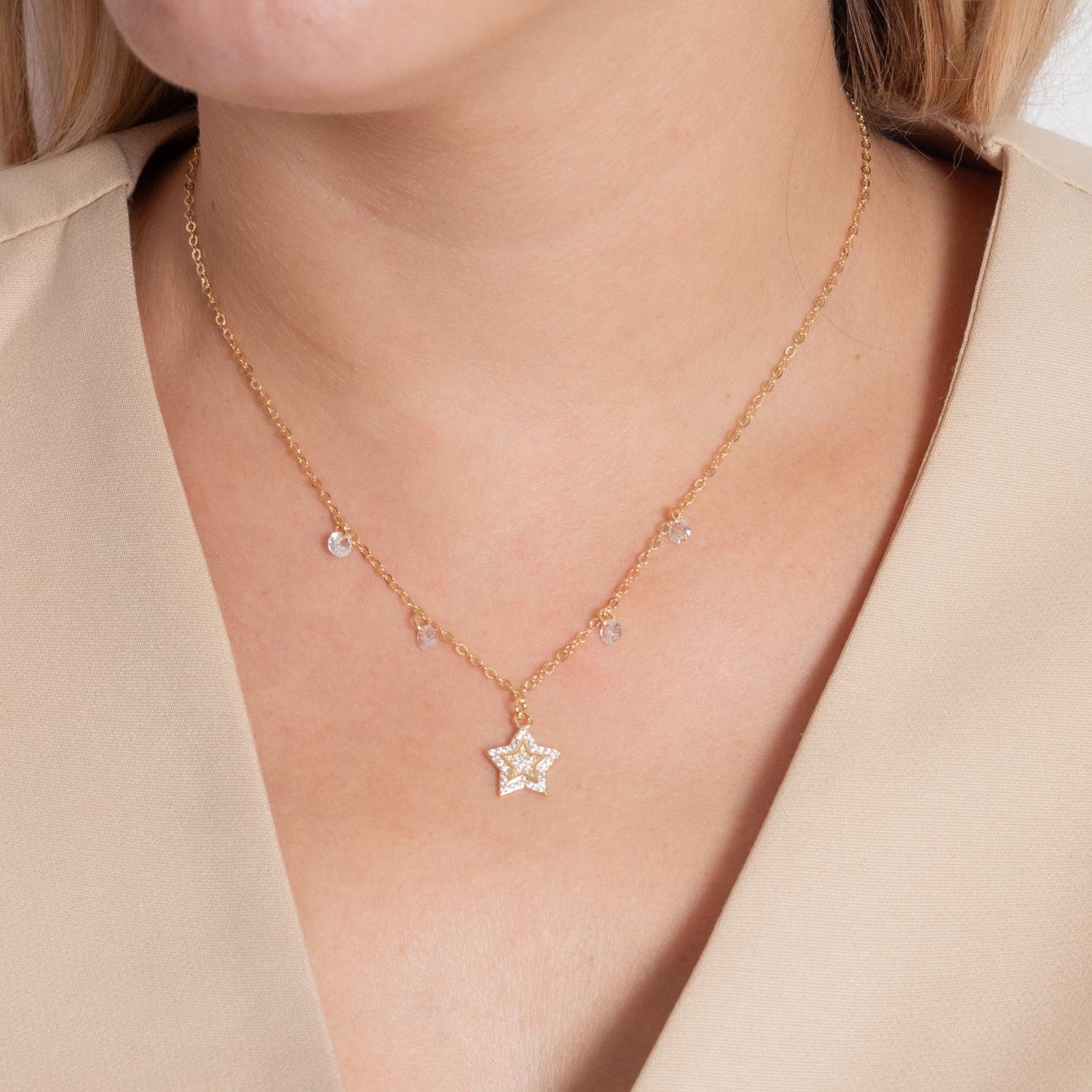 Clti-1960-Fo Colar Com Pingentes De Estrela E Zircônias Cristais (40cm+5cm).