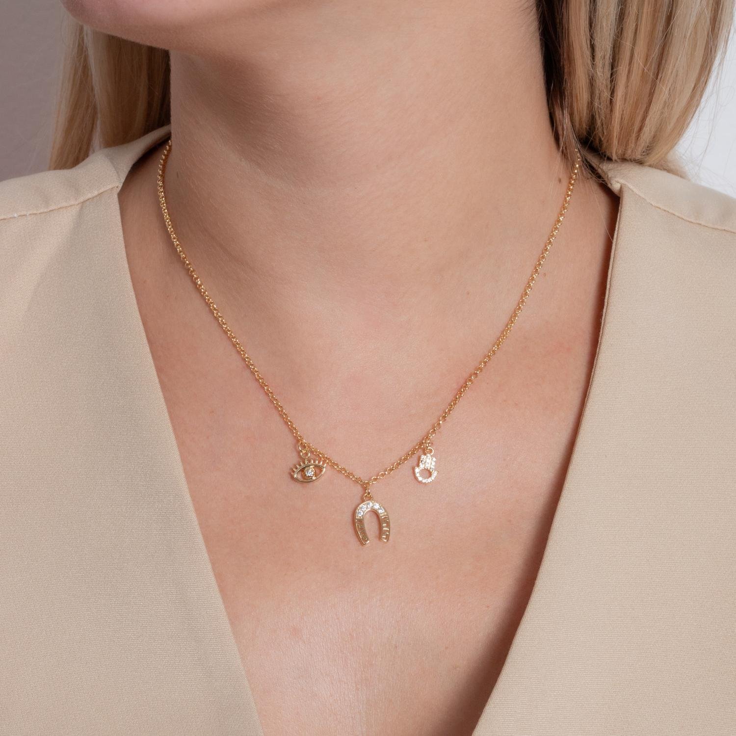 Clti-1972-Fo Colar Proteção Com Olho Grego, Ferradura E Mão De Fátima Cristal (40cm+5cm).