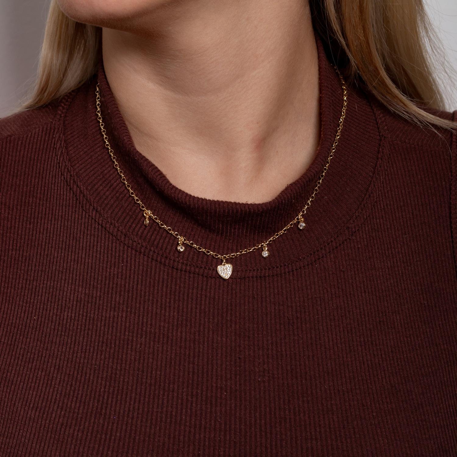 Clti-1973--Fo Colar Com Pingentes De Coração Cravejado Cristal E Zircônias Cristais (40cm+5cm).