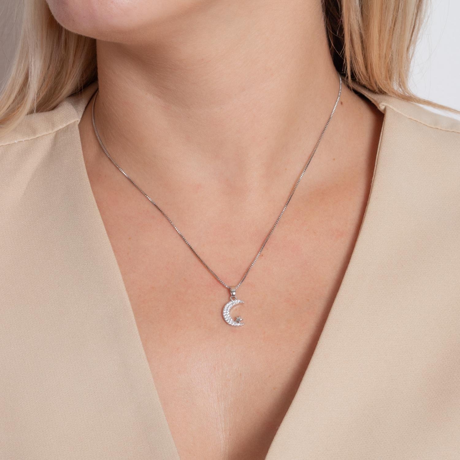 Clti-1975-Rd Colar De Lua Com Estrela Cristal - Ródio Branco (40cm+5cm).