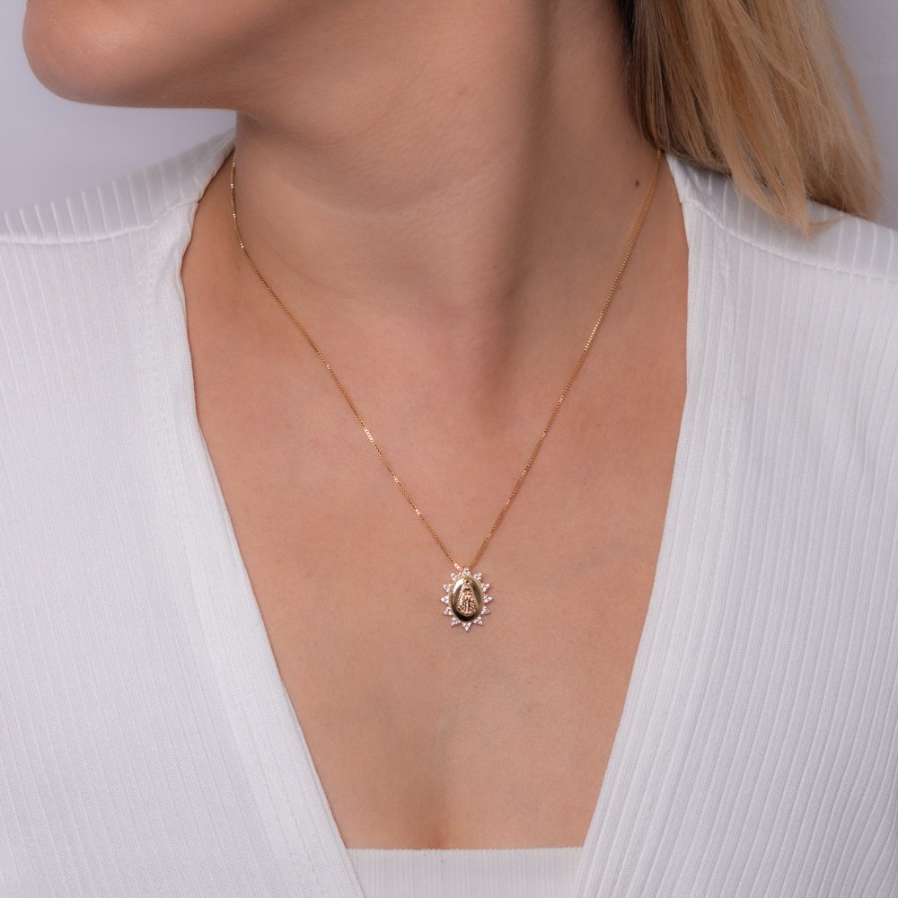 Clti-1979-Fo Colar Com Medalha De Nossa Senhora Aparecida Cravejado Cristal (45cm-5cm).