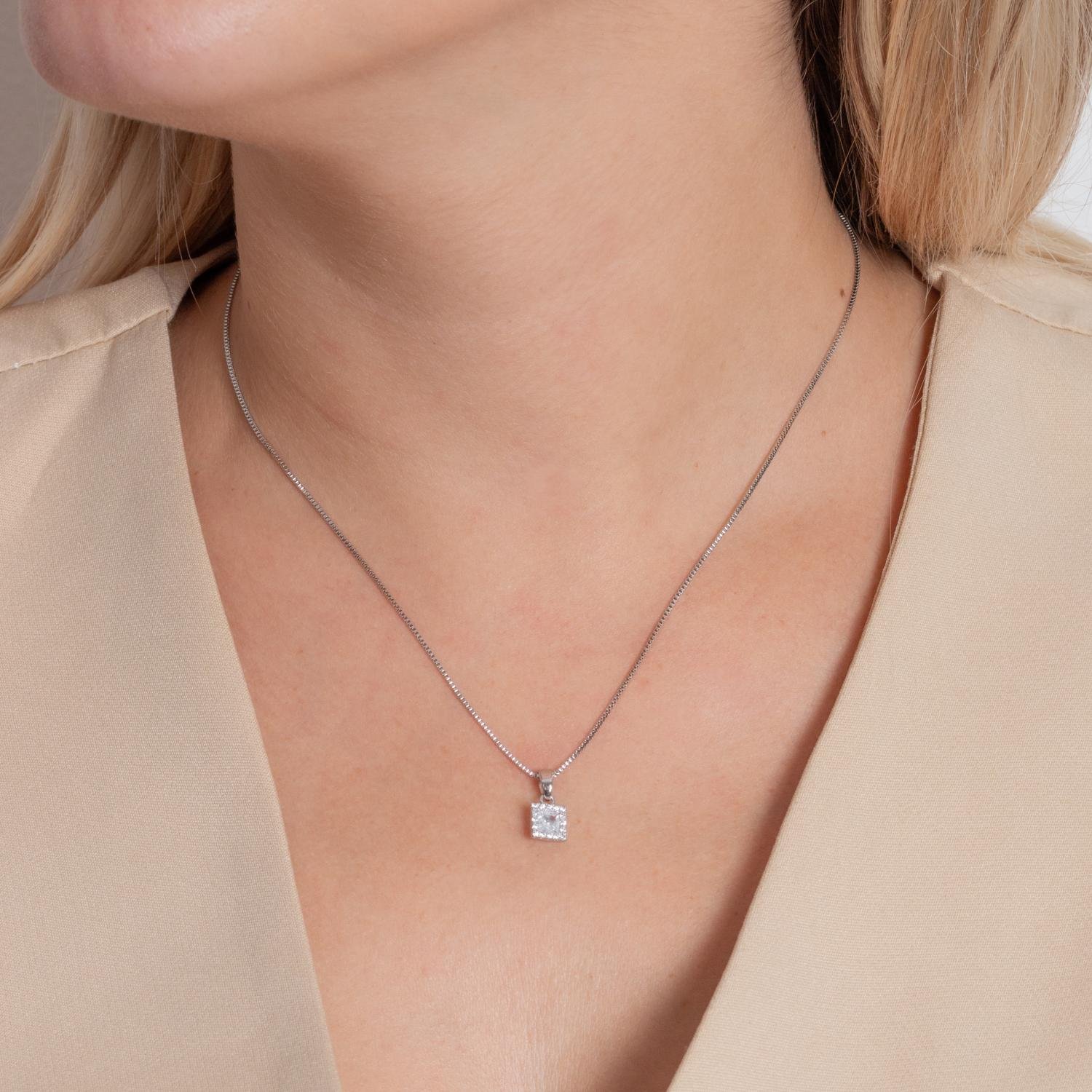 Clti-1993-Rd Colar Com Pingente Quadrado Cristal - Ródio Branco (40cm+5cm).