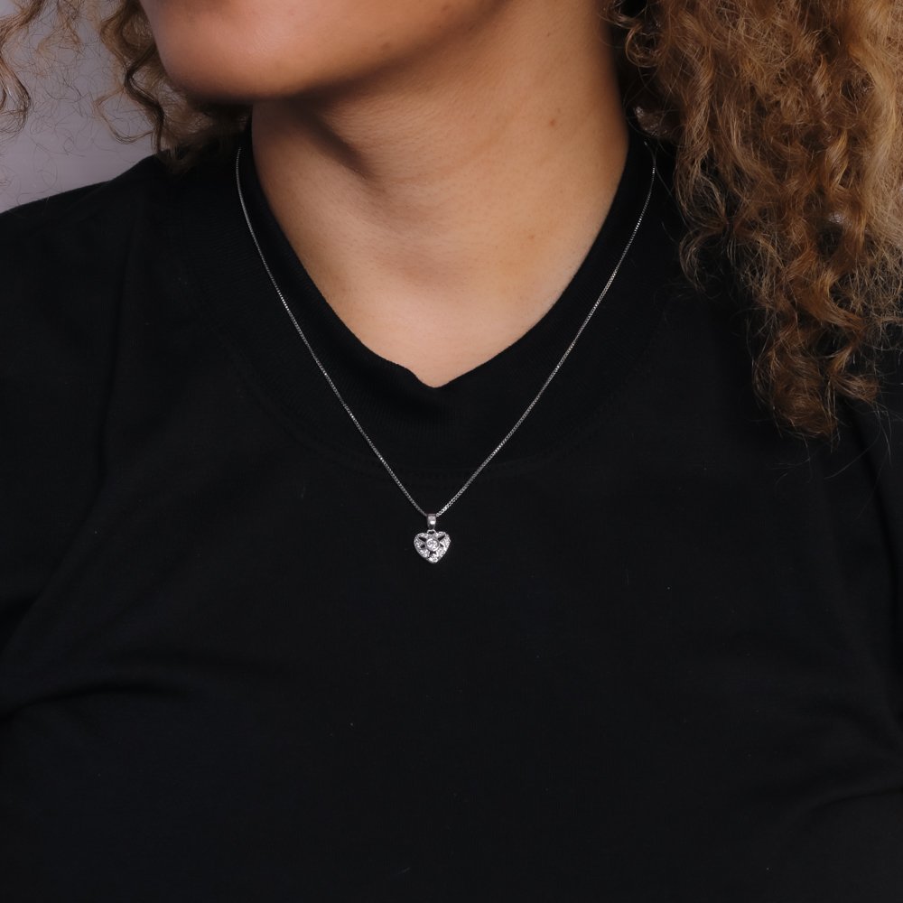 Clti-1994-Rd Colar Com Pingente De Corção Cravejado Cristal - Ródio Branco (40cm+5cm).