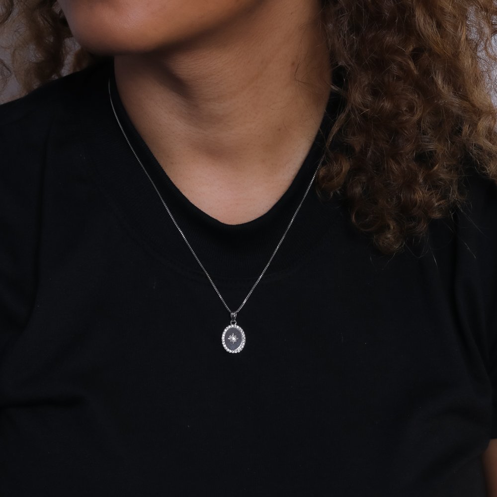 Clti-1995-Rd Colar Com Pingente Cravejado Cristal - Ródio Branco (40cm+5cm).