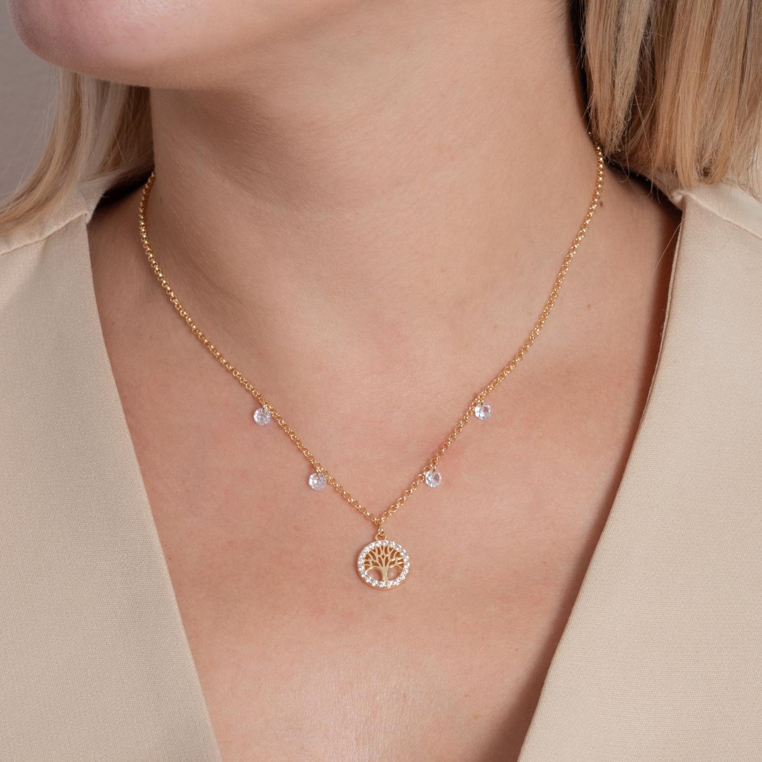 Clti-2001-Fo Colar Com Pingente De Árvore Da Vida Cristal E Zircônias Cristais (40cm+5cm).