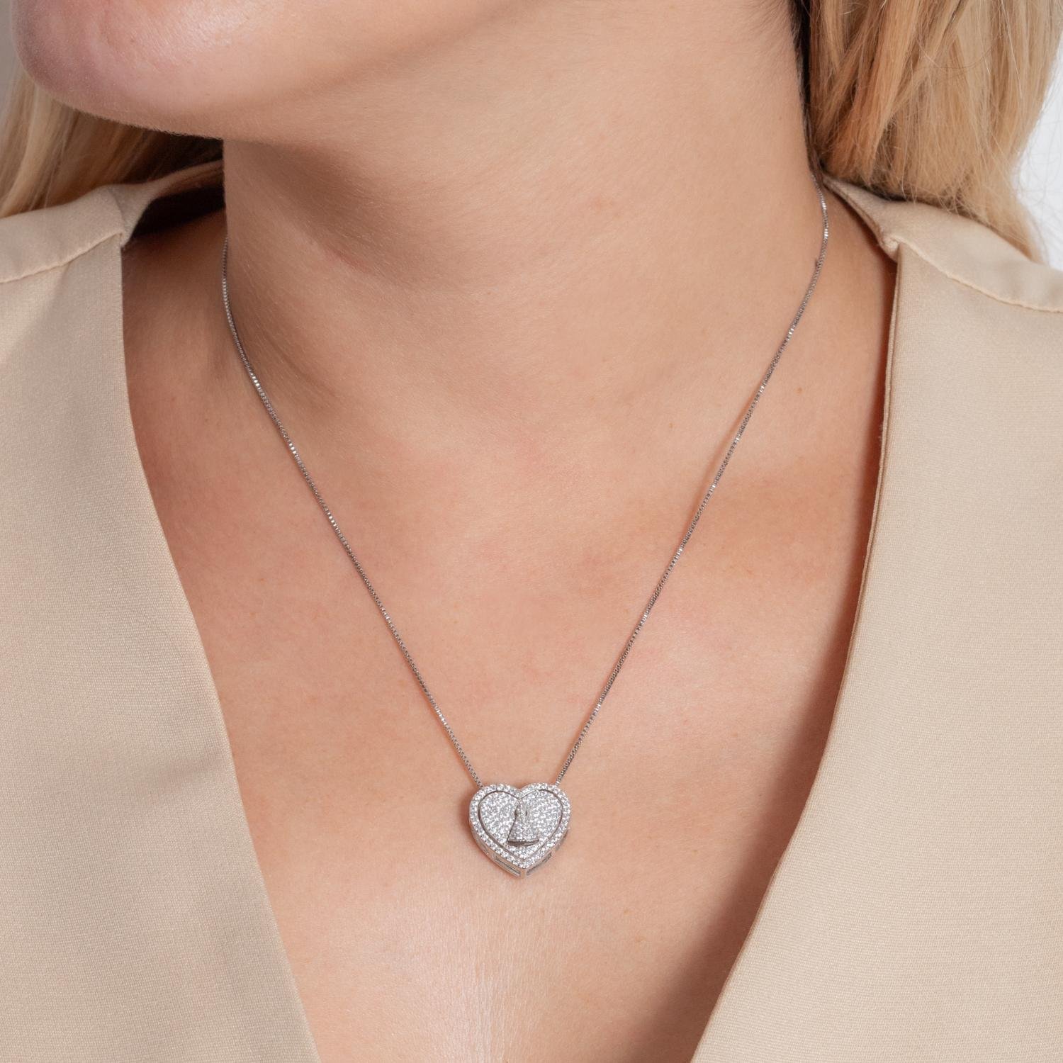 Clti-2024-Rd Colar Coração Com Nossa Senhora Cravejado De Zircônias Cristais - Ródio Branco (45cm+5cm).