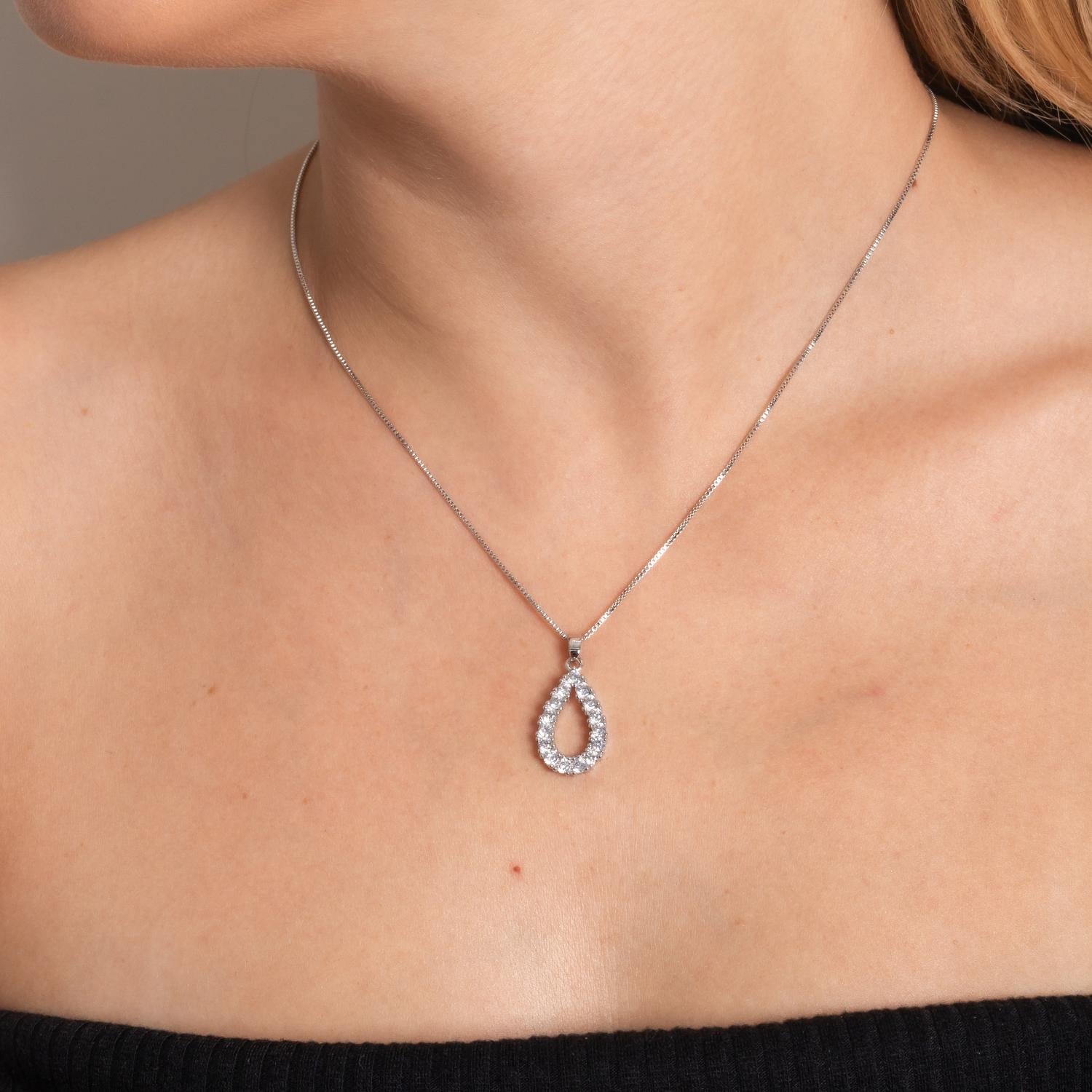 Clti-2088-Rd Colar Gota Cravejado Cristal - Ródio Branco (45cm+5cm).