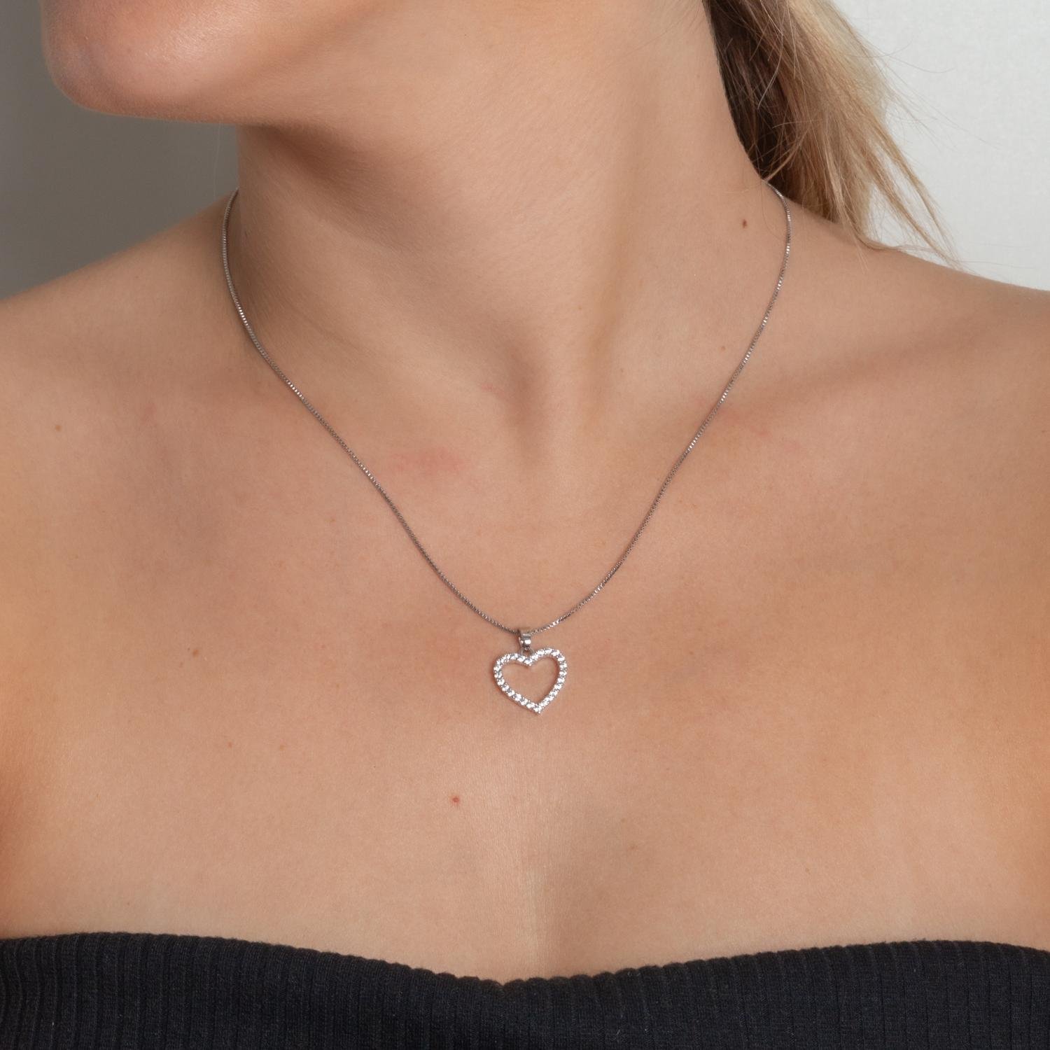 Clti-2097-Rd Colar De Coração Cravejado Cristal - Ródio Branco (45cm+5cm).