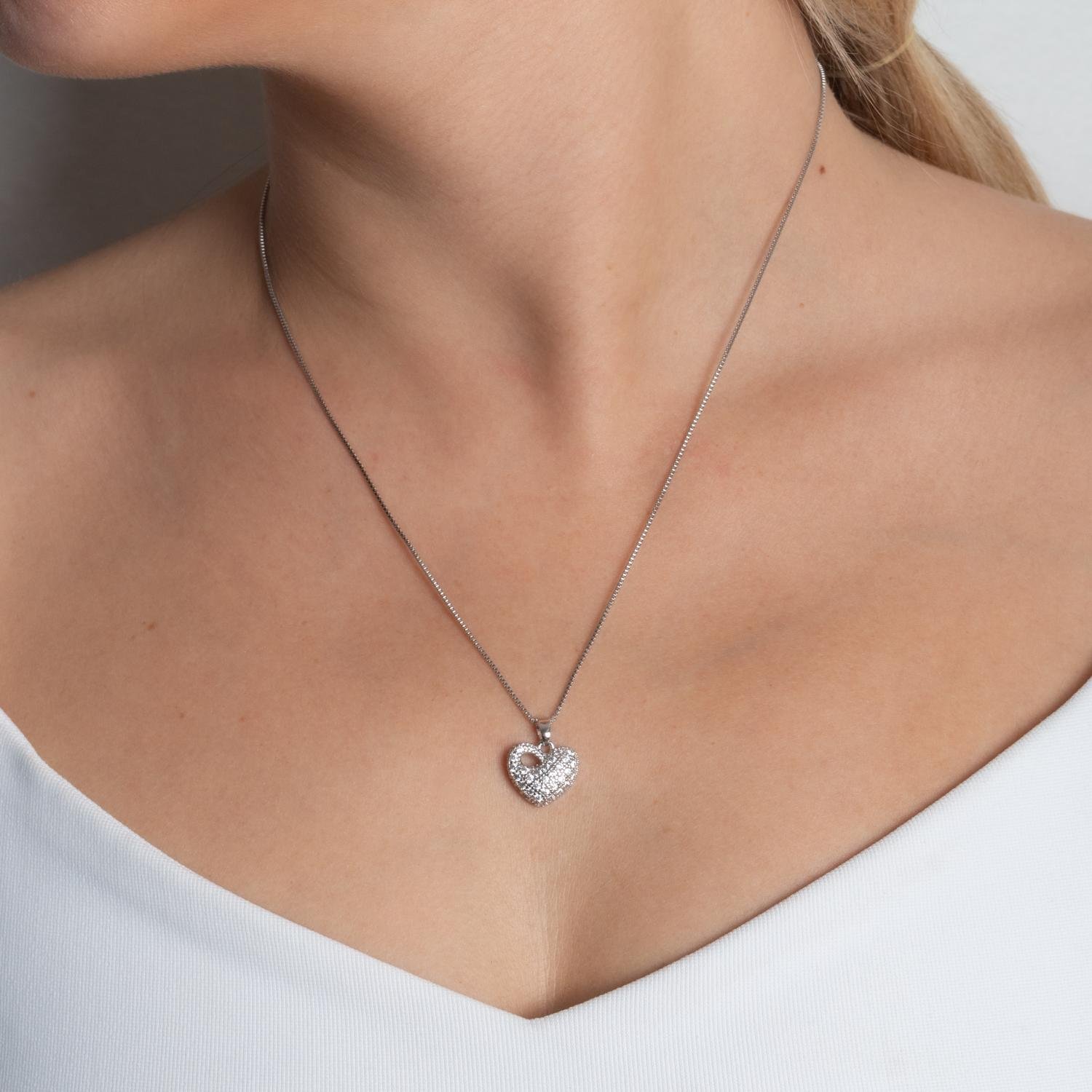 Clti-2102-Rd Colar De Coração Cravejado Cristal - Ródio Branco (45cm+5cm).