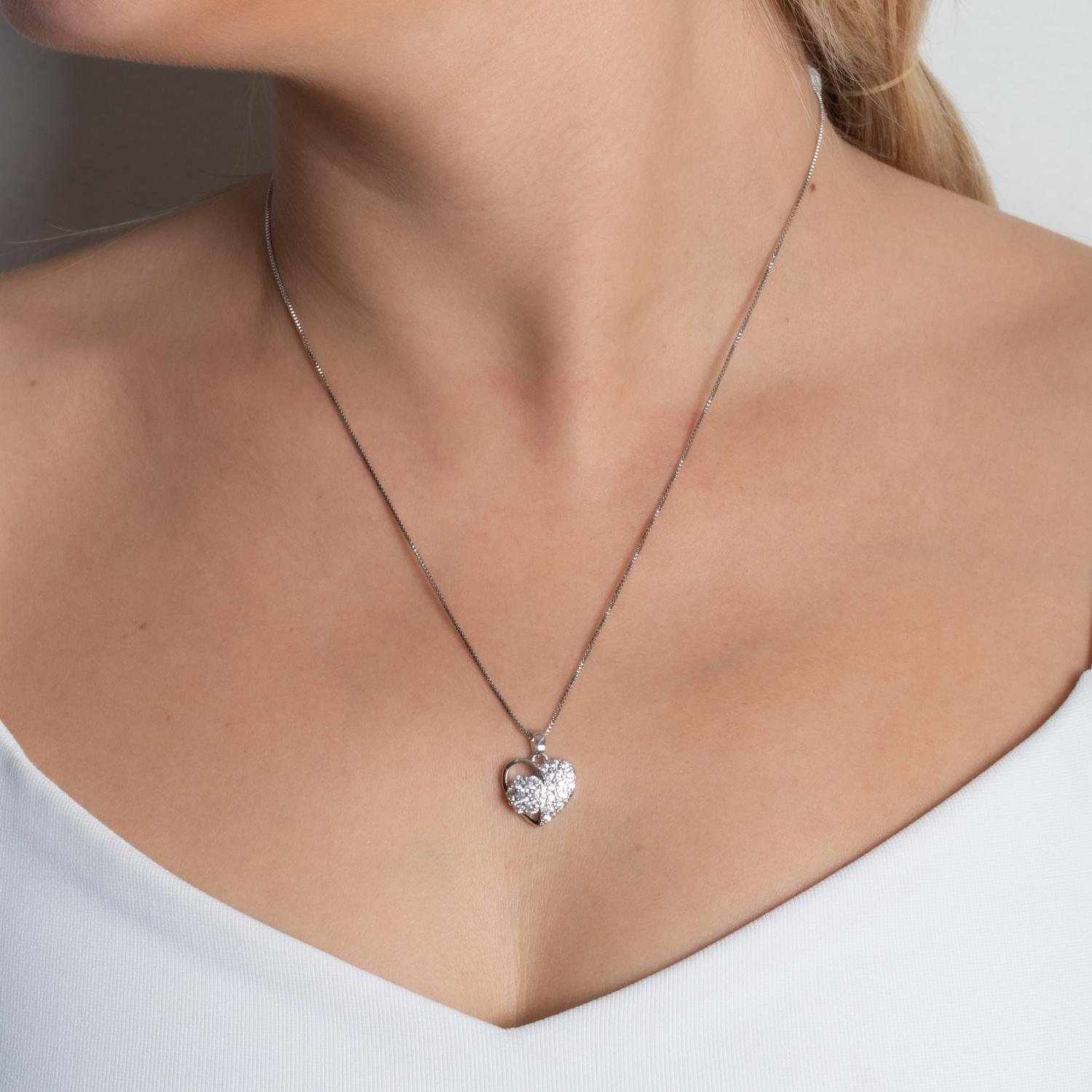 Clti-2103-Rd Colar Com Pingente De Coração Cravejado Cristal - Ródio Branco (45cm+5cm).&Nbsp;