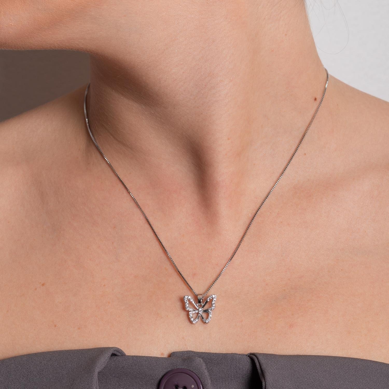 Clti-2106-Rd Colar De Borboleta Cravejado Cristal - Ródio Branco (45cm+5cm).