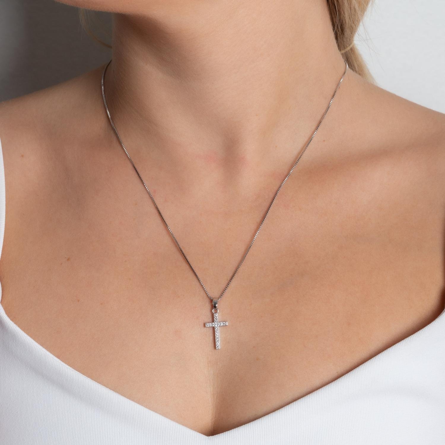 Clti-2107-Rd Colar De Cruz Cravejado Cristal - Ródio Branco (45cm+5cm).