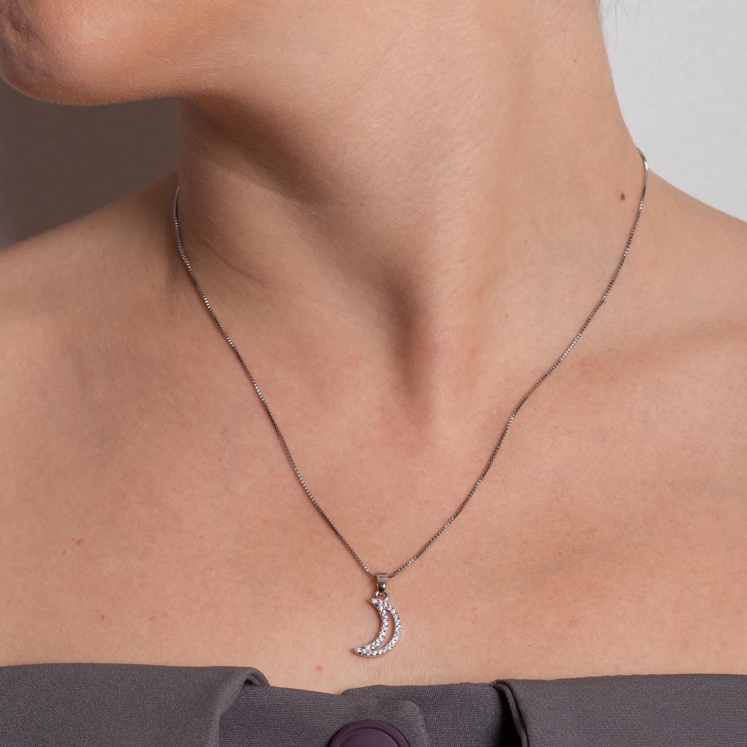 Clti-2111-Rd Colar De Lua Cravejado Cristal - Ródio Branco (45cm+5cm).