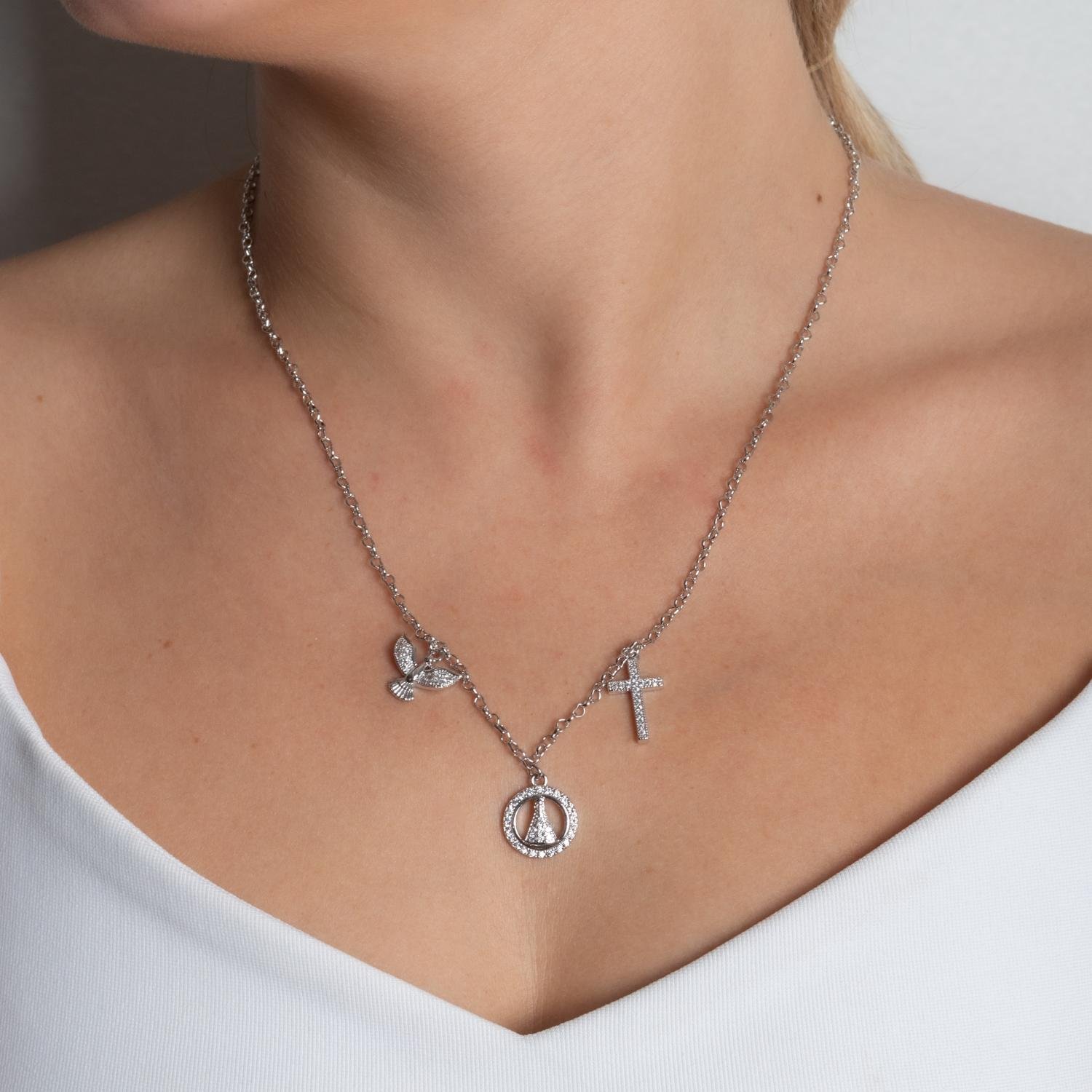 Clti-2114-Rd Colar Religioso Com Pingentes De Espírito Santo, Nossa Senhora E Cruz Cristal - Ródio Branco (45cm+5cm).