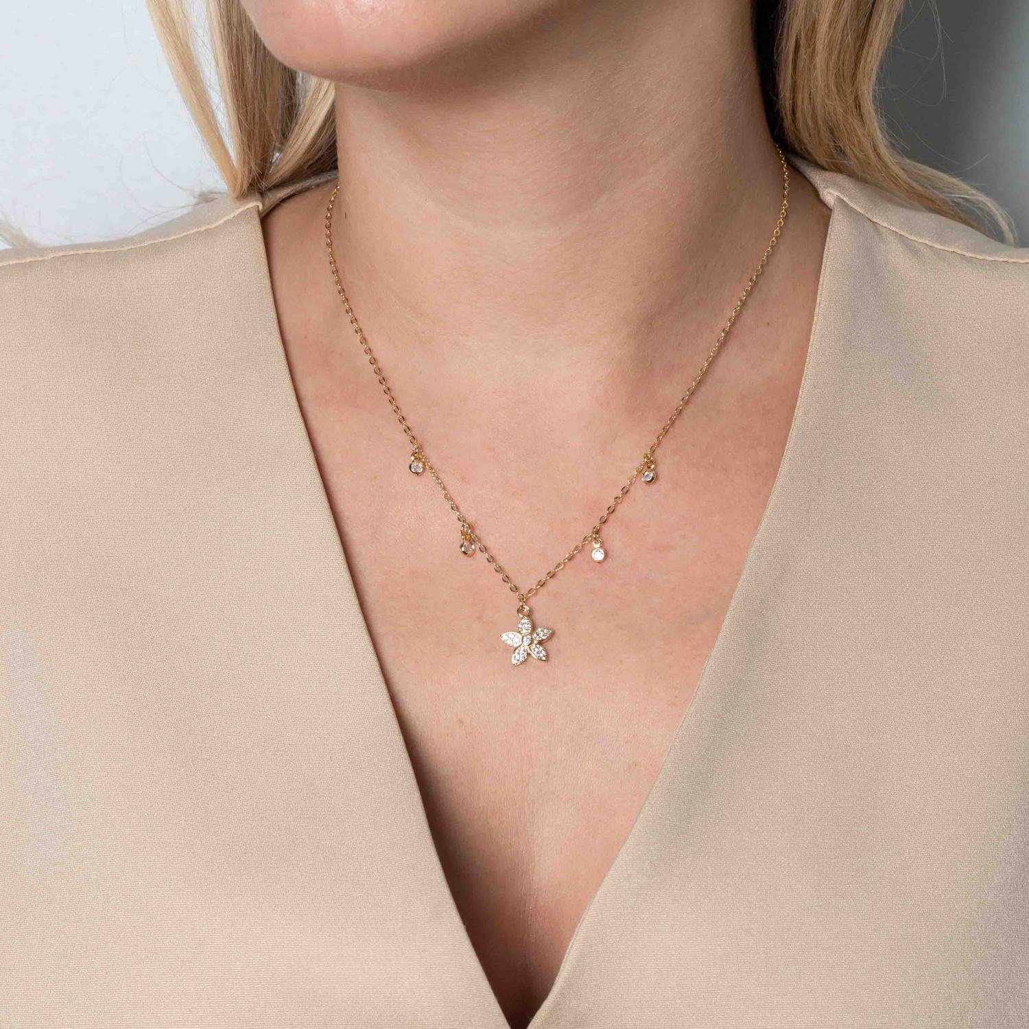 Clti-2120-Fo Colar Com Pingentes De Flor Cravejado E Zircônias Cristais (40cm+5cm).