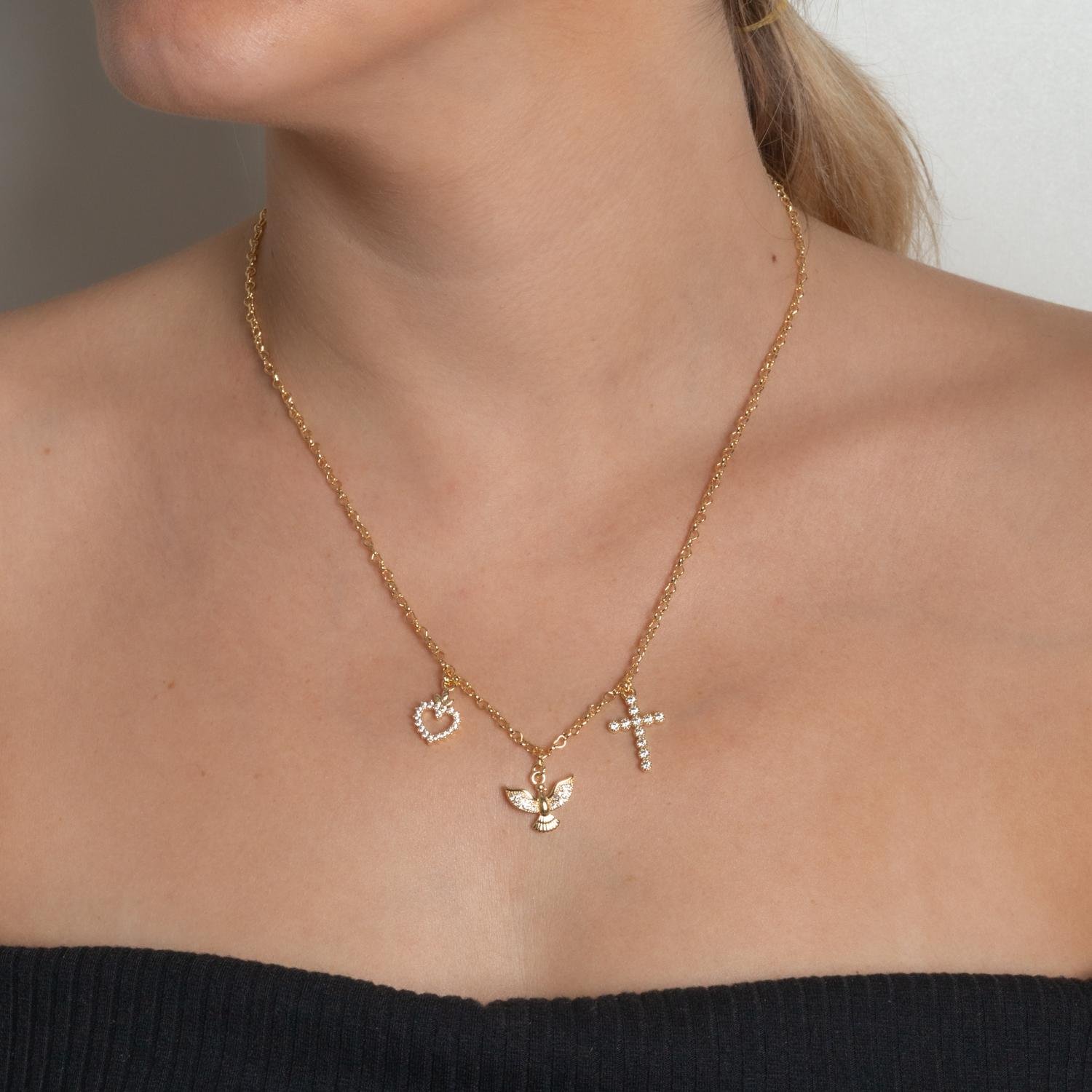 Clti-2126-Fo Colar Com Pingentes De Cruz, Espírito Santo E Coração Cristal (45cm+5cm).