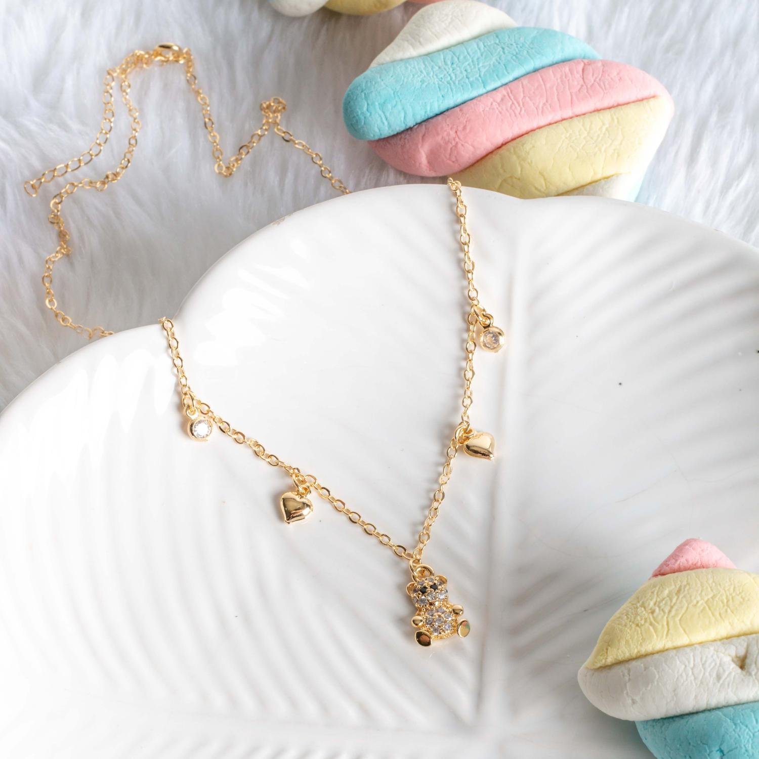 Clti-2132-Fo Colar Infantil De Ursinho Cravejado Cristal E Corações (35cm+5cm).